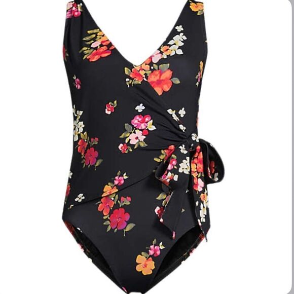 Land's End Plus Regular Side tie wrap one piece swimsuit black meadow floral Var - Picture 2 of 7